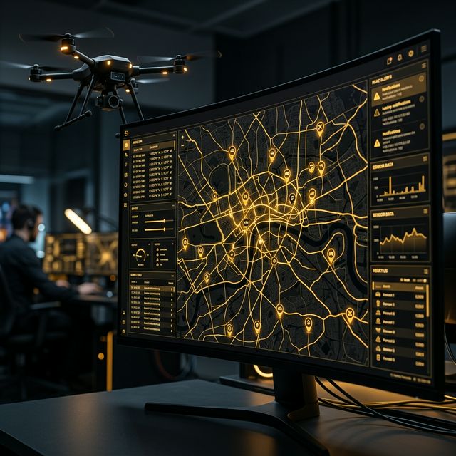 Dashboard de tecnología de seguridad ONYX con geolocalización y drones